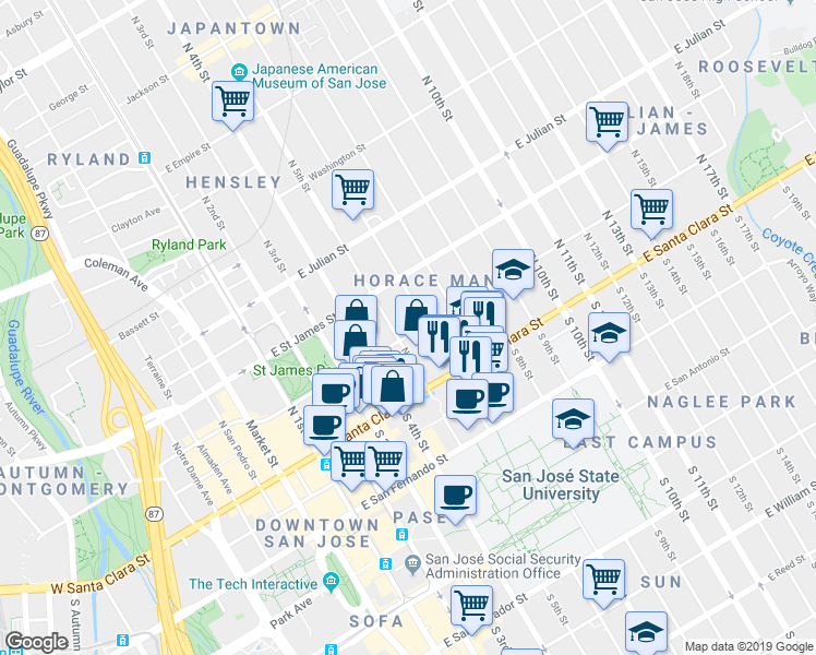 map of restaurants, bars, coffee shops, grocery stores, and more near 96 North 5th Street in San Jose