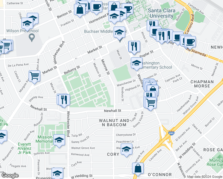 map of restaurants, bars, coffee shops, grocery stores, and more near 106 Monroe Street in Santa Clara