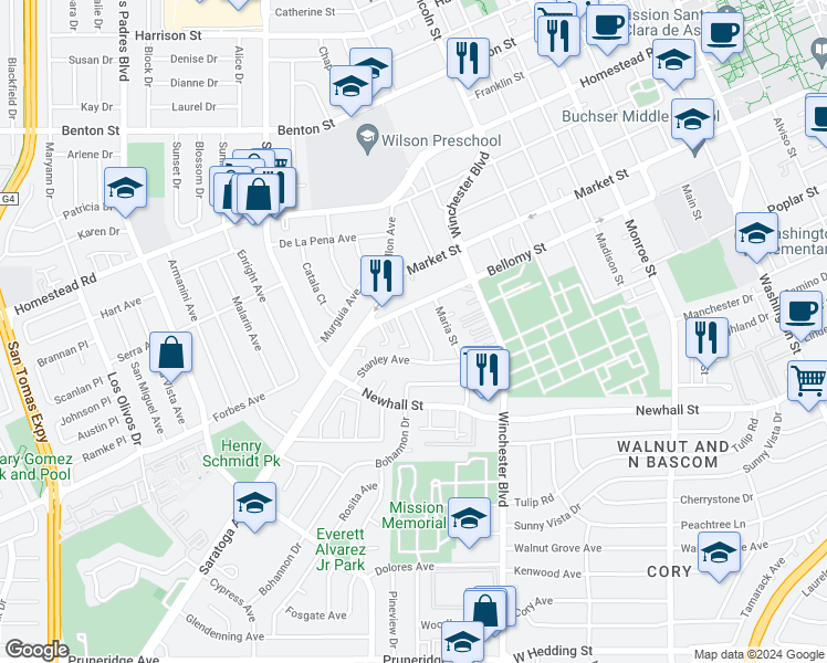 map of restaurants, bars, coffee shops, grocery stores, and more near 400 California Street in Santa Clara
