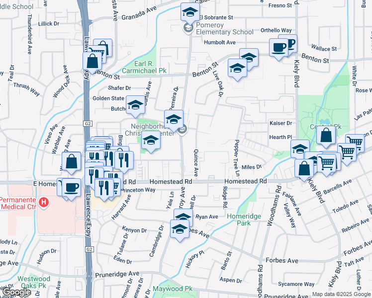 map of restaurants, bars, coffee shops, grocery stores, and more near 841 Pomeroy Avenue in Santa Clara