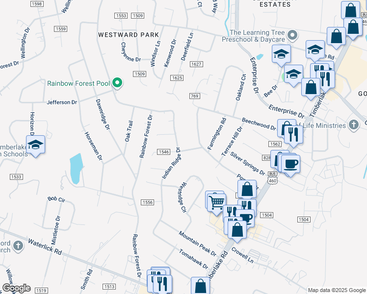 map of restaurants, bars, coffee shops, grocery stores, and more near 435 Indian Ridge Drive in Lynchburg