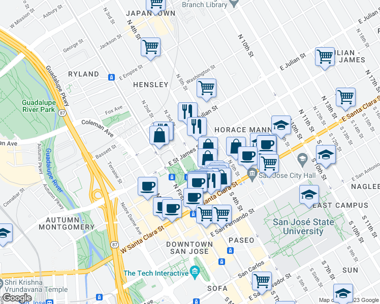 map of restaurants, bars, coffee shops, grocery stores, and more near E St James St & N 3rd St in San Jose