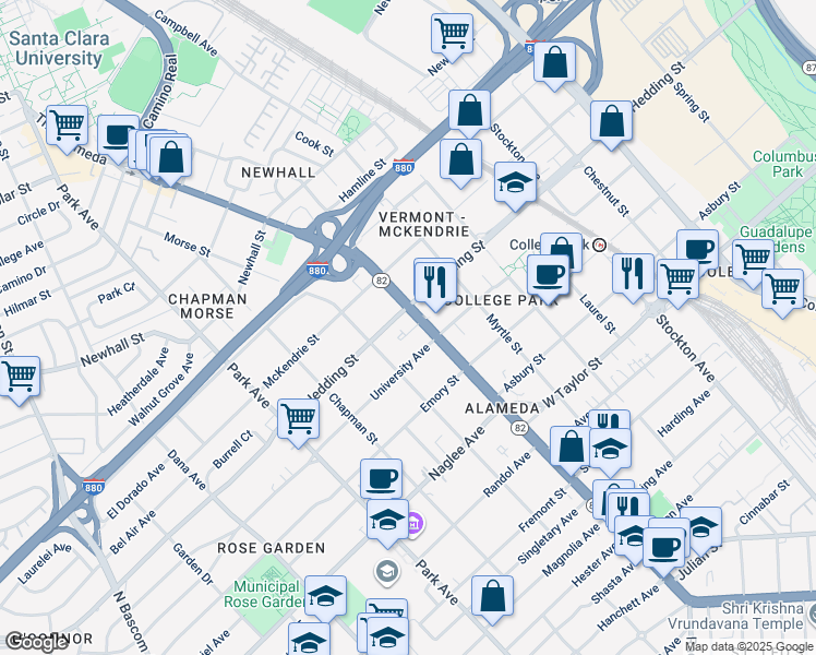map of restaurants, bars, coffee shops, grocery stores, and more near 1151 University Avenue in San Jose