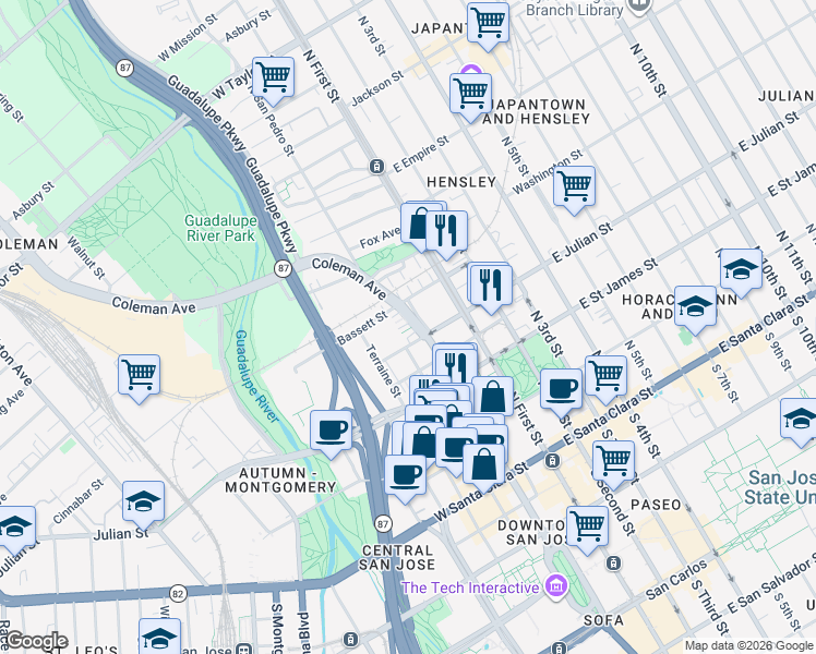 map of restaurants, bars, coffee shops, grocery stores, and more near 166 Nexus Loop in San Jose