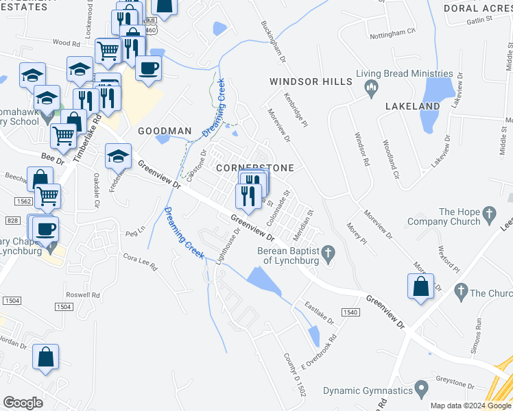 map of restaurants, bars, coffee shops, grocery stores, and more near 112 Cornerstone Street in Lynchburg