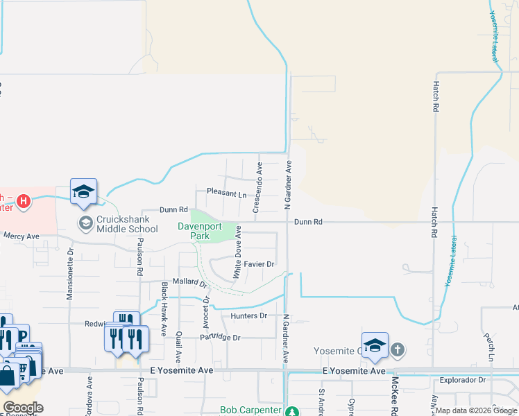 map of restaurants, bars, coffee shops, grocery stores, and more near 1427 Caraway Court in Merced