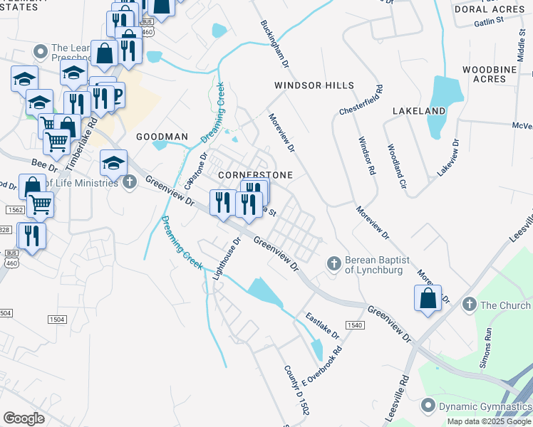 map of restaurants, bars, coffee shops, grocery stores, and more near 101 Colonnade Street in Lynchburg