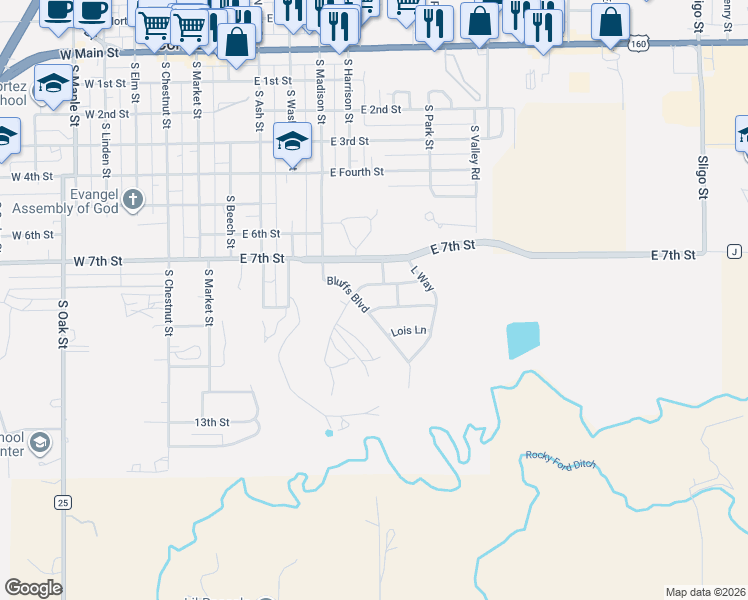 map of restaurants, bars, coffee shops, grocery stores, and more near 918 Bluff Blvd in Cortez