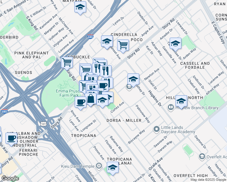 map of restaurants, bars, coffee shops, grocery stores, and more near 1213 Bal Harbor Way in San Jose
