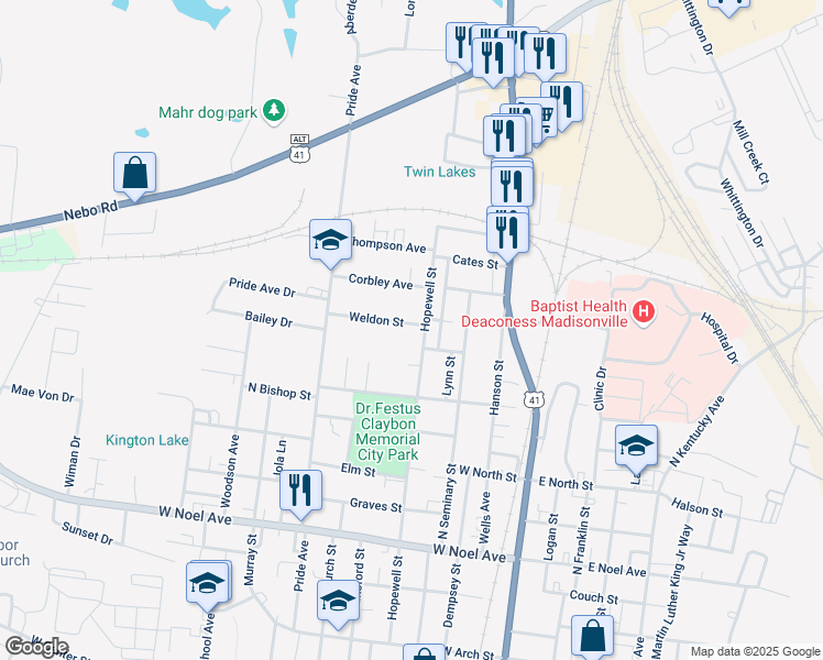 map of restaurants, bars, coffee shops, grocery stores, and more near 526 Hopewell Street in Madisonville