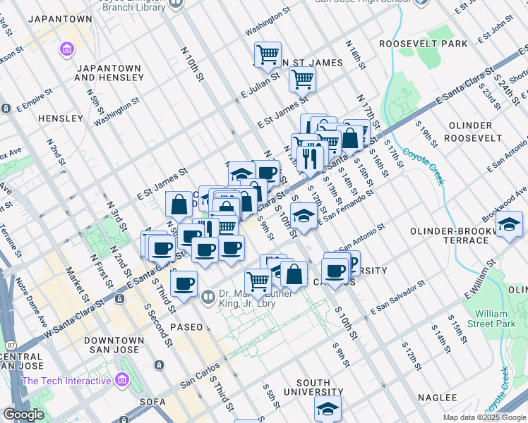 map of restaurants, bars, coffee shops, grocery stores, and more near 60 South 9th Street in San Jose