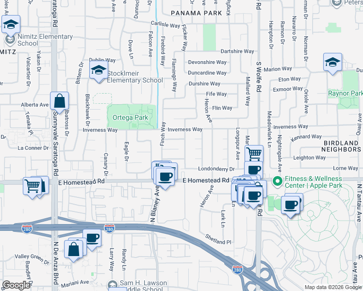 map of restaurants, bars, coffee shops, grocery stores, and more near 1617 Goldfinch Way in Sunnyvale