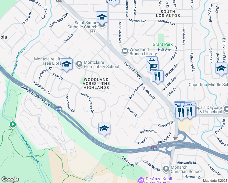 map of restaurants, bars, coffee shops, grocery stores, and more near 1281 Windimer Drive in Los Altos