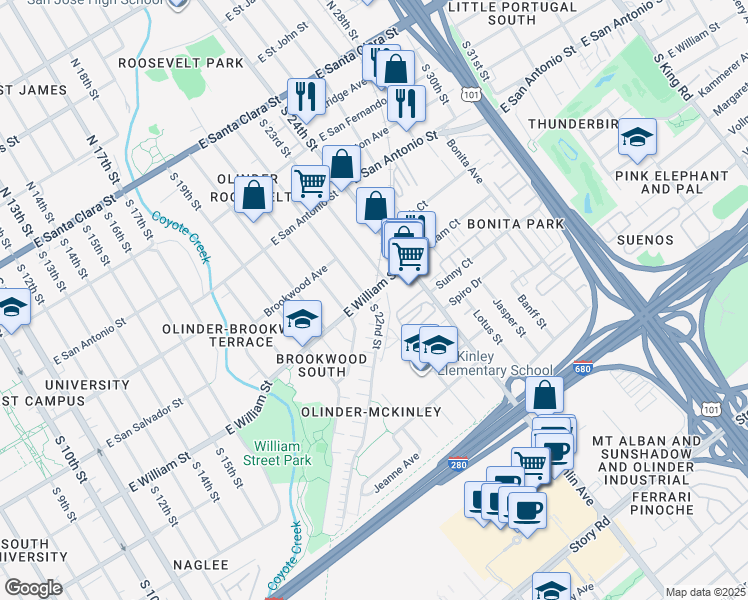 map of restaurants, bars, coffee shops, grocery stores, and more near 1070 East William Street in San Jose