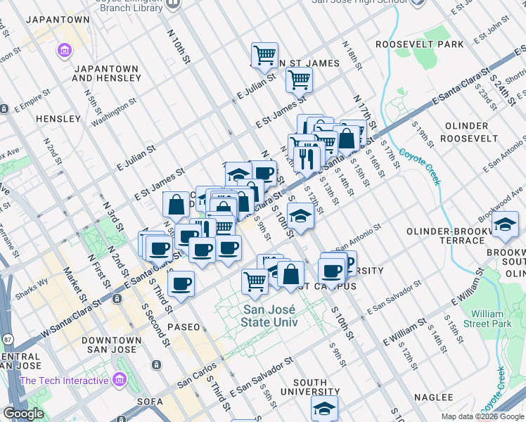 map of restaurants, bars, coffee shops, grocery stores, and more near 60 South 9th Street in San Jose