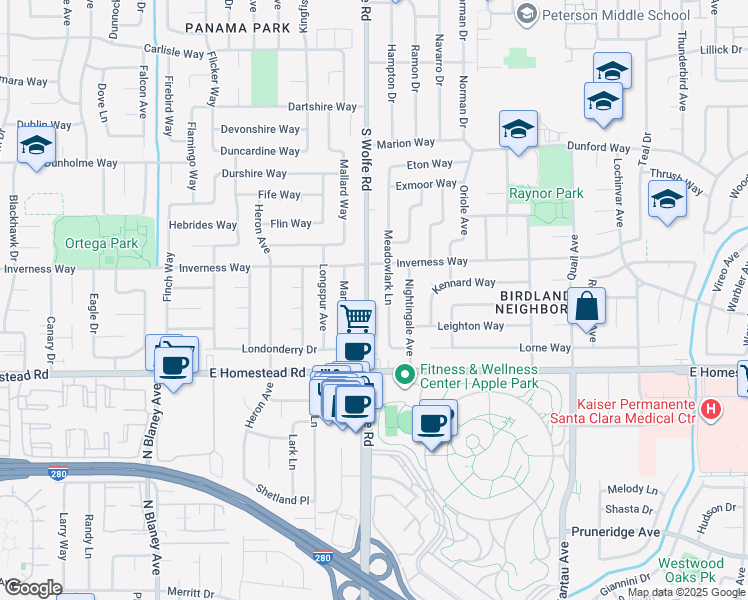 map of restaurants, bars, coffee shops, grocery stores, and more near 1650 South Wolfe Road in Sunnyvale