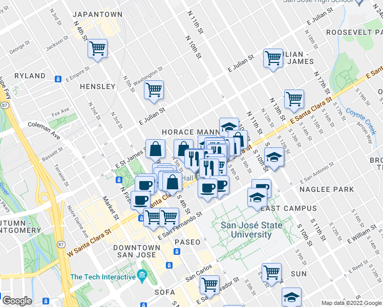 map of restaurants, bars, coffee shops, grocery stores, and more near 53 North 6th Street in San Jose