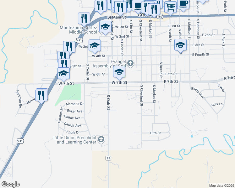 map of restaurants, bars, coffee shops, grocery stores, and more near 820 South Oak Street in Cortez