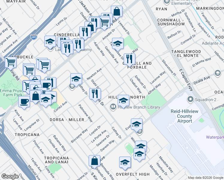 map of restaurants, bars, coffee shops, grocery stores, and more near 2092 Sullivan Avenue in San Jose