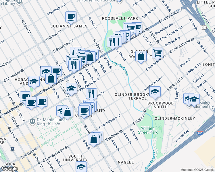 map of restaurants, bars, coffee shops, grocery stores, and more near 210 South 15th Street in San Jose