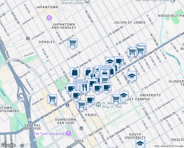 map of restaurants, bars, coffee shops, grocery stores, and more near 231 East Santa Clara Street in San Jose