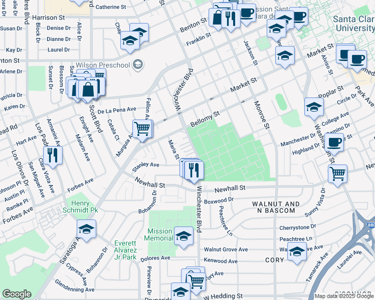 map of restaurants, bars, coffee shops, grocery stores, and more near 371 Maria Street in Santa Clara