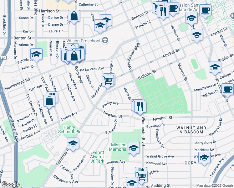 map of restaurants, bars, coffee shops, grocery stores, and more near 1985 Stanley Avenue in Santa Clara