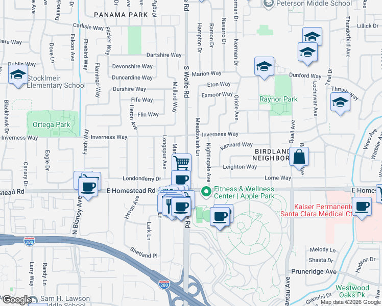map of restaurants, bars, coffee shops, grocery stores, and more near 1663 South Wolfe Road in Sunnyvale