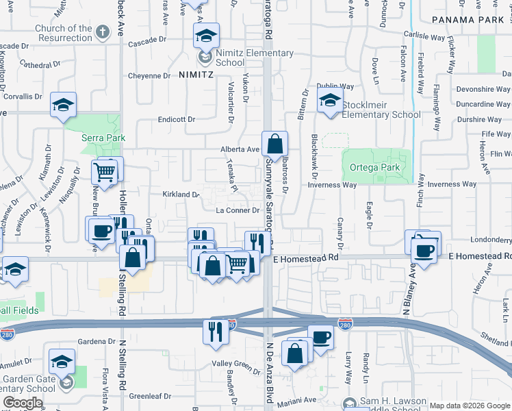 map of restaurants, bars, coffee shops, grocery stores, and more near 530 La Conner Drive in Sunnyvale