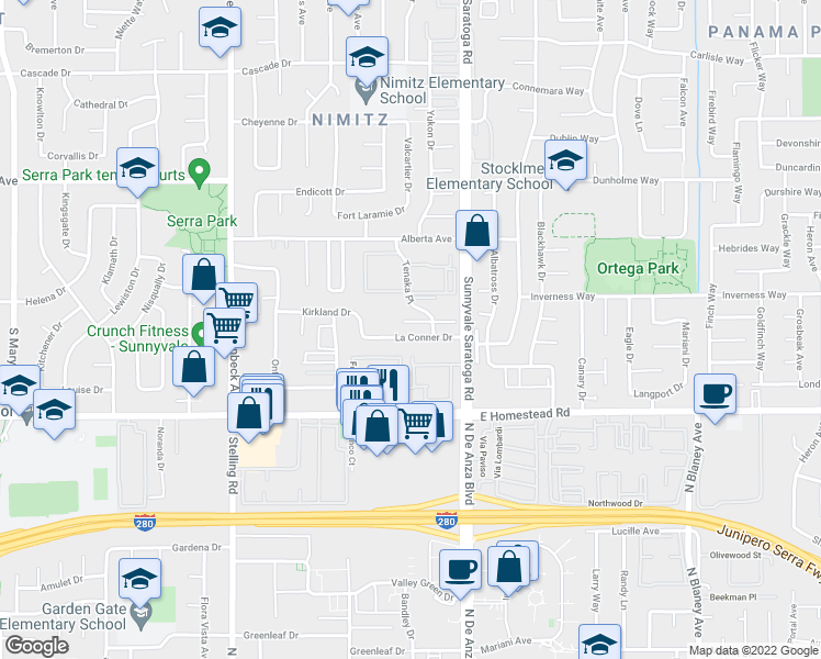 map of restaurants, bars, coffee shops, grocery stores, and more near 540 La Conner Drive in Sunnyvale
