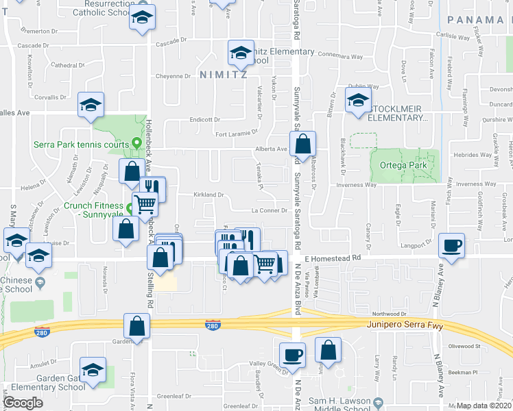 map of restaurants, bars, coffee shops, grocery stores, and more near 578 La Conner Drive in Sunnyvale