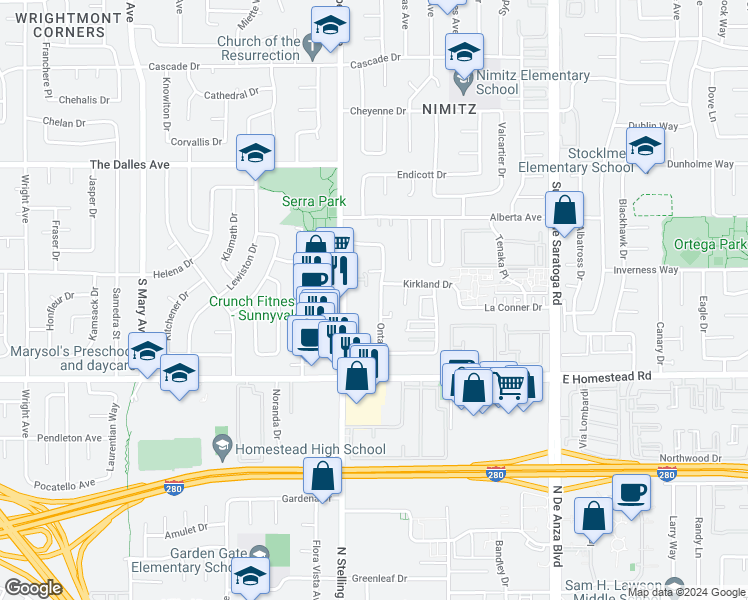 map of restaurants, bars, coffee shops, grocery stores, and more near 1657 Ontario Drive in Sunnyvale