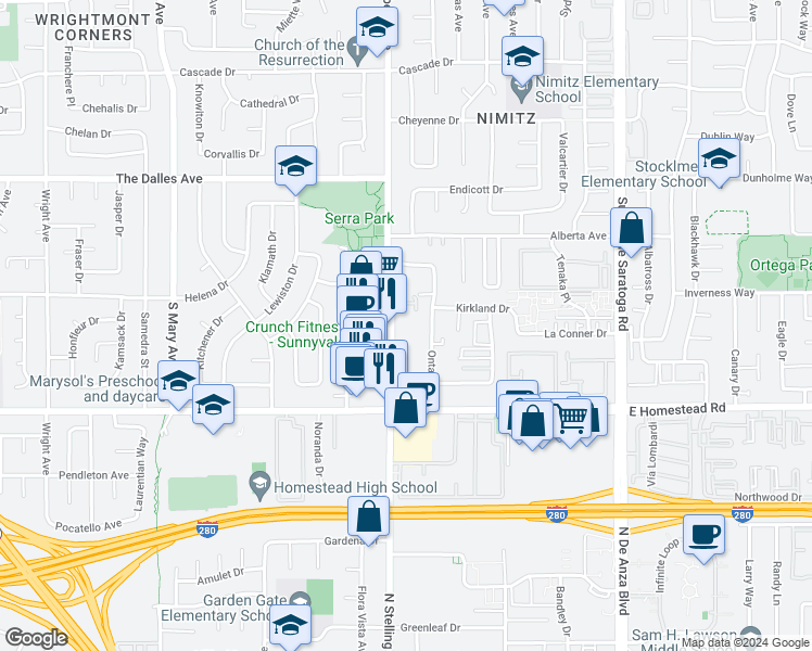 map of restaurants, bars, coffee shops, grocery stores, and more near 1654 Hollenbeck Avenue in Sunnyvale