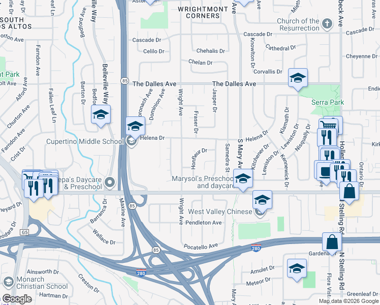 map of restaurants, bars, coffee shops, grocery stores, and more near 1637 Wright Avenue in Sunnyvale