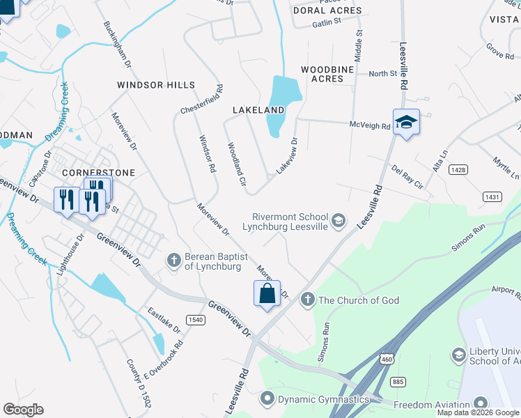 map of restaurants, bars, coffee shops, grocery stores, and more near 402 Barrington Way in Lynchburg