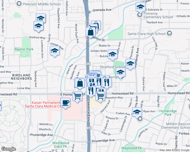 map of restaurants, bars, coffee shops, grocery stores, and more near 861 Burbank Drive in Santa Clara