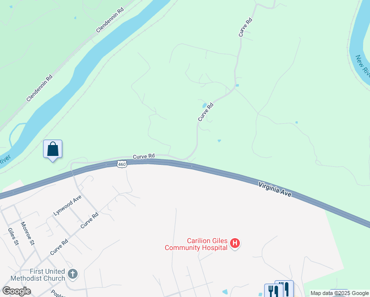 map of restaurants, bars, coffee shops, grocery stores, and more near 1913 Curve Road in Pearisburg