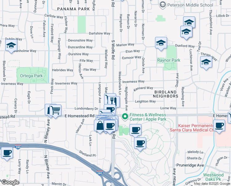 map of restaurants, bars, coffee shops, grocery stores, and more near 1650 South Wolfe Road in Sunnyvale