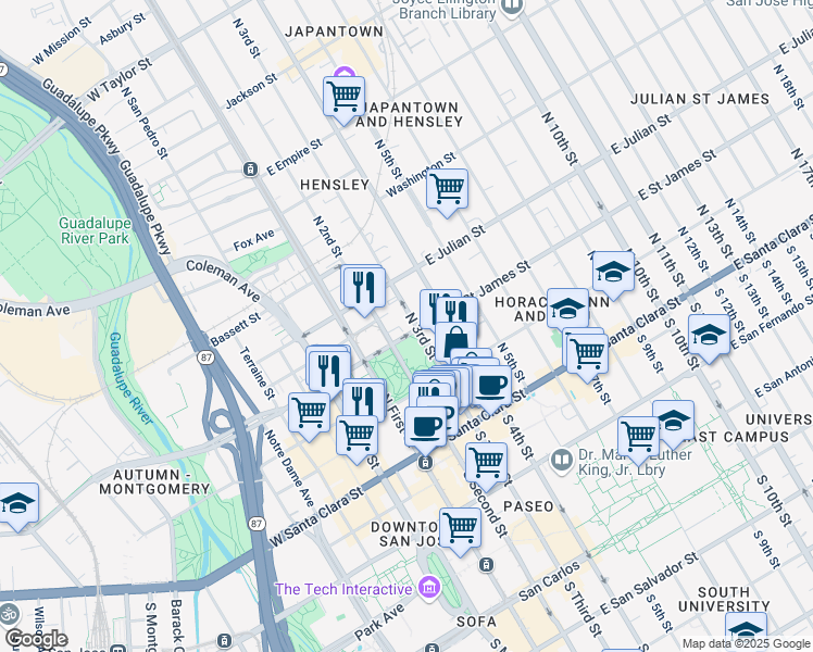 map of restaurants, bars, coffee shops, grocery stores, and more near 36 East Saint James Street in San Jose