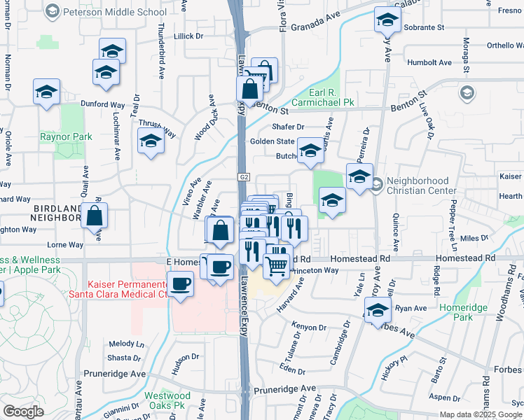 map of restaurants, bars, coffee shops, grocery stores, and more near 861 Burbank Drive in Santa Clara