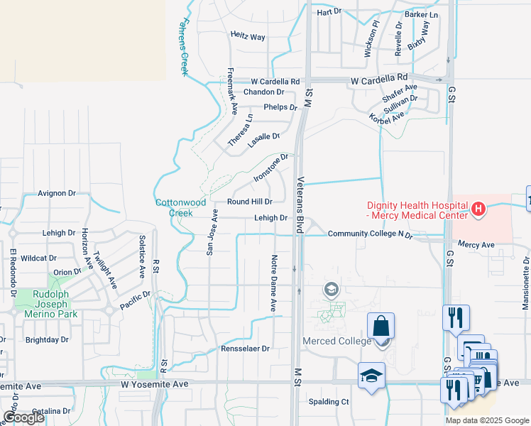 map of restaurants, bars, coffee shops, grocery stores, and more near 729 Lehigh Drive in Merced