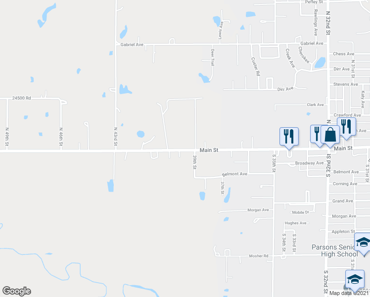map of restaurants, bars, coffee shops, grocery stores, and more near 3909 Main Street in Parsons