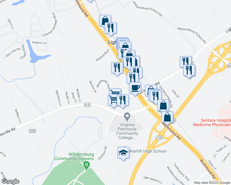 map of restaurants, bars, coffee shops, grocery stores, and more near 6516 Artillery Street in Williamsburg