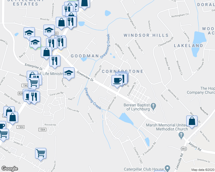 map of restaurants, bars, coffee shops, grocery stores, and more near 101 Portico Street in Lynchburg