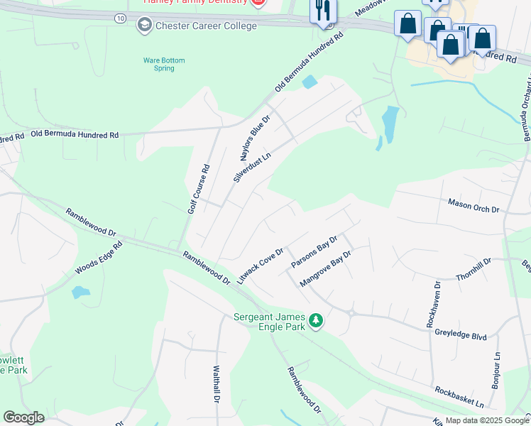 map of restaurants, bars, coffee shops, grocery stores, and more near 13824 Marsham Road in Chester