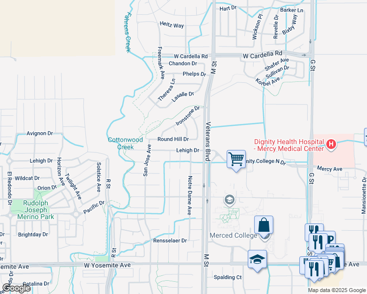 map of restaurants, bars, coffee shops, grocery stores, and more near 729 Lehigh Drive in Merced
