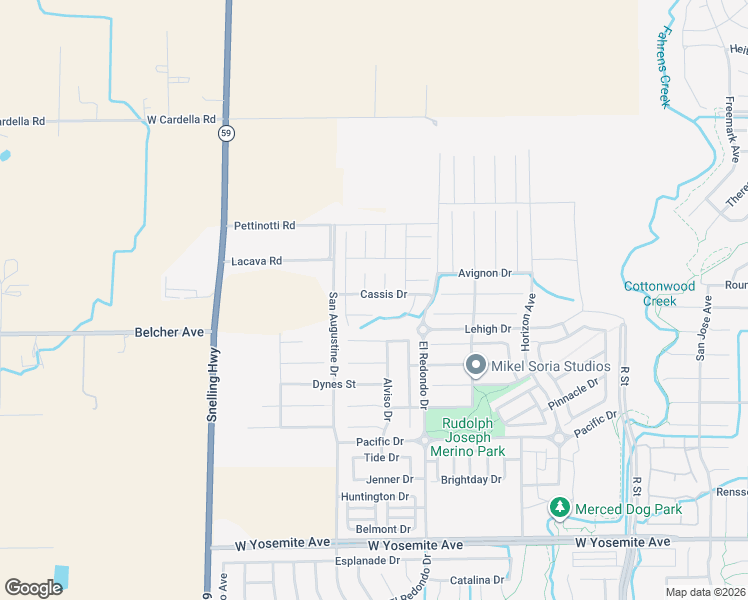 map of restaurants, bars, coffee shops, grocery stores, and more near 4031 Wood Creek Court in Merced