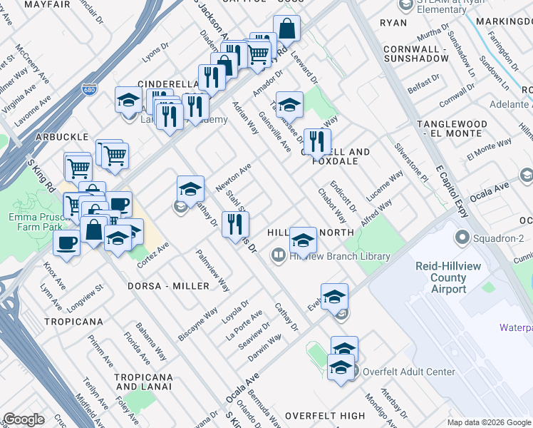 map of restaurants, bars, coffee shops, grocery stores, and more near 1438 Norvella Street in San Jose