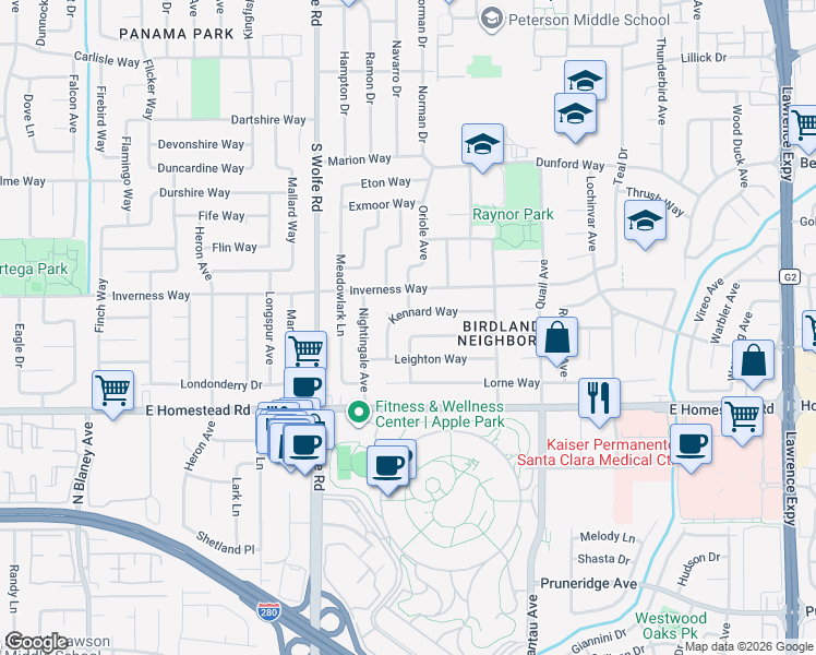 map of restaurants, bars, coffee shops, grocery stores, and more near 935 Kennard Way in Sunnyvale