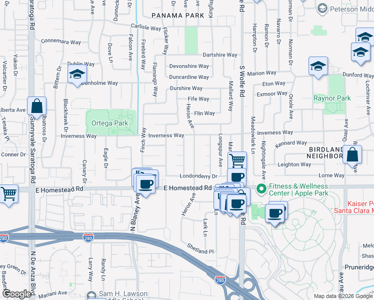 map of restaurants, bars, coffee shops, grocery stores, and more near 1606 Grosbeak Avenue in Sunnyvale